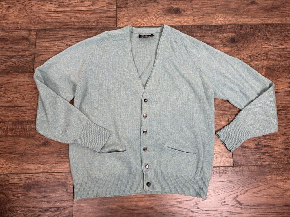 Vtg Puritan Sz L Aquaknit 2 Ply Lambswool Blue Cardigan Grandpa Sweater Marled